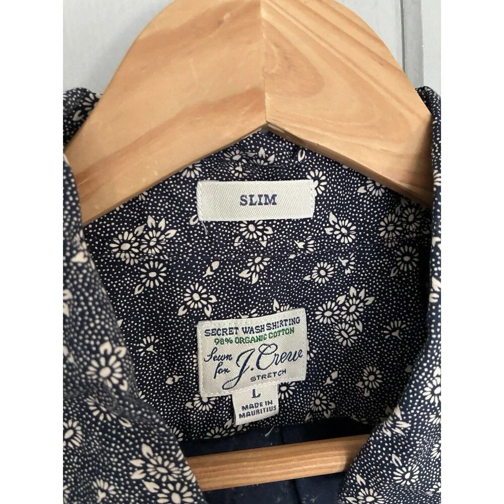 J. Crew Slim Secret Wash Poplin Shirt L large Cotton Poplin Blue Floral AU461